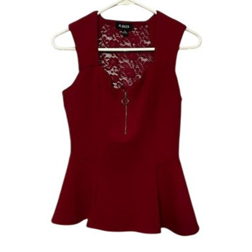 A. Byer Womens Burgundy Red Lace Back O-Ring Zipper Peplum Top Size M